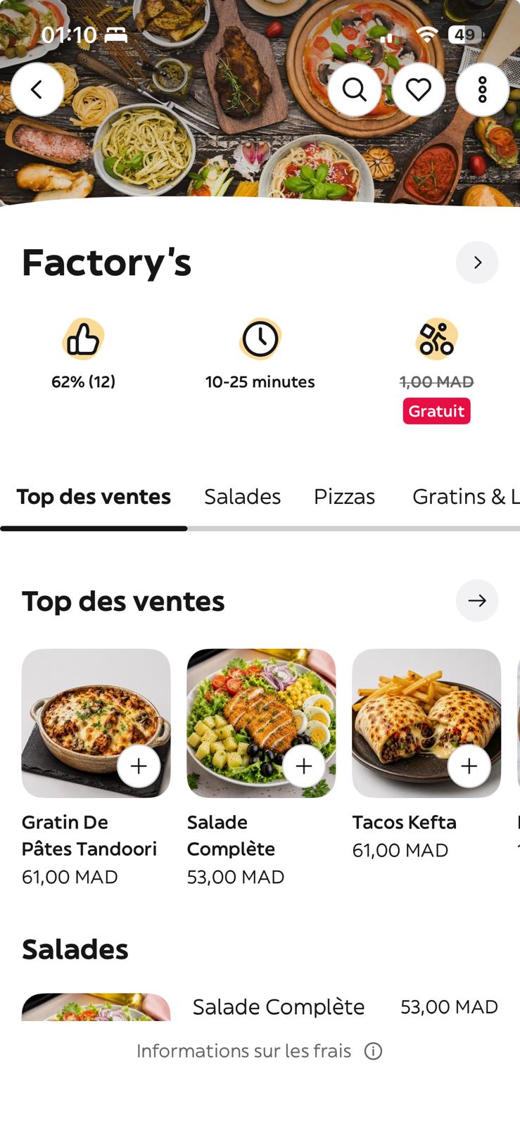 La page Factory's sur l'application Glovo