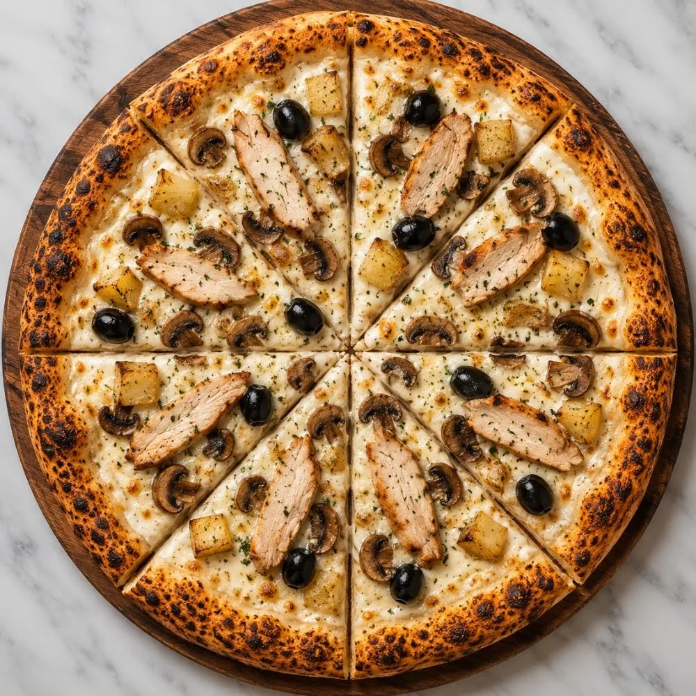 Pizza artisanale Factory's, poulet, champignons et olives